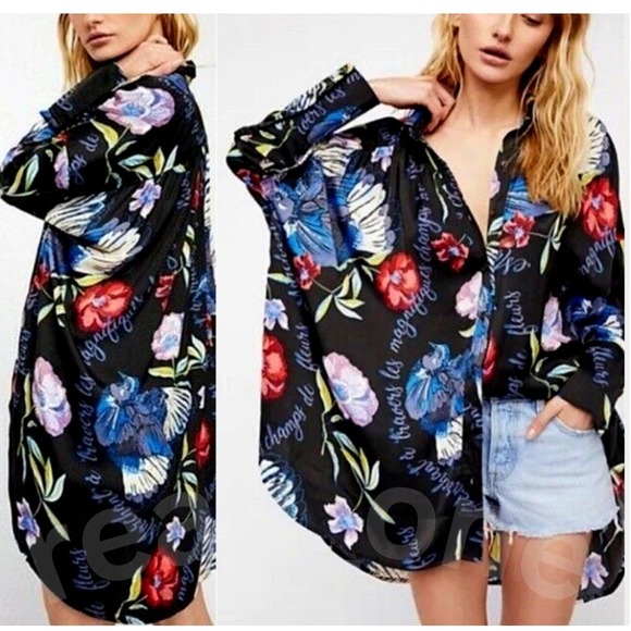 Free People Tops - Free People Women's Black Multicolor Floral Silky Nights Blouse Size XS/TP